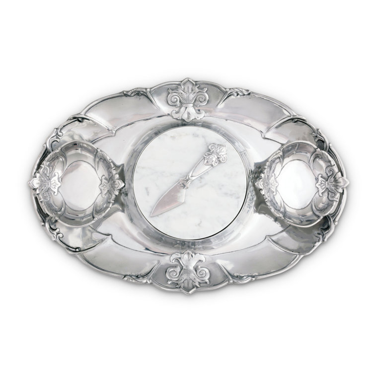 Arthur Court Fleur De Lis Aluminum Oval Serving Tray with Marble Insert