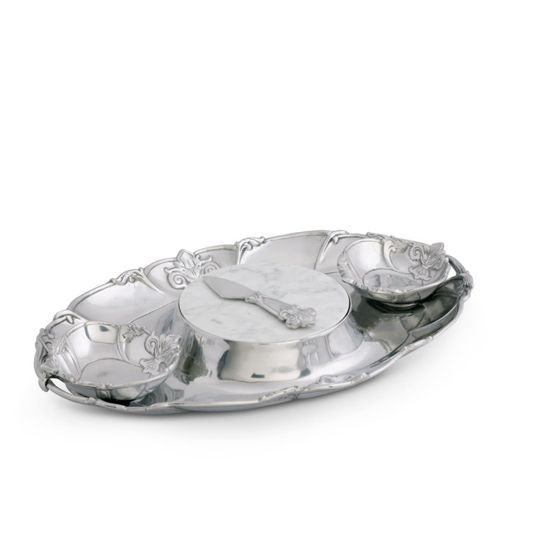 Arthur Court Fleur De Lis Aluminum Oval Serving Tray with Marble Insert