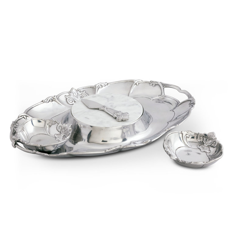 Arthur Court Fleur De Lis Aluminum Oval Serving Tray with Marble Insert