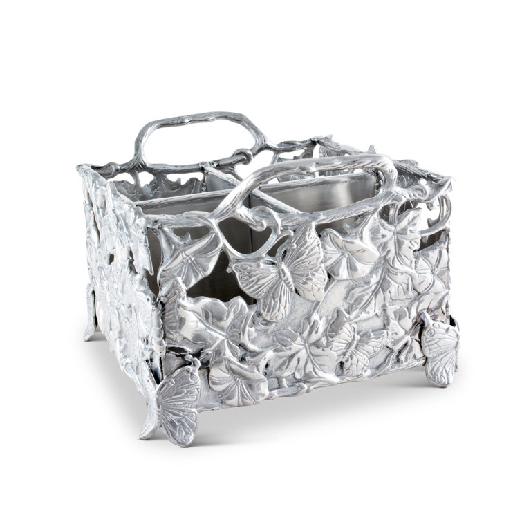 Silver Butterfly and Floral Aluminum Square Flatware Caddy