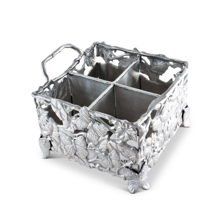 Silver Butterfly and Floral Aluminum Square Flatware Caddy