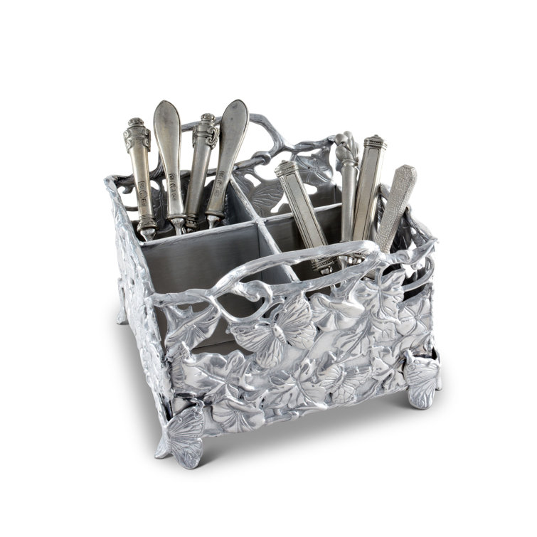 Silver Butterfly and Floral Aluminum Square Flatware Caddy