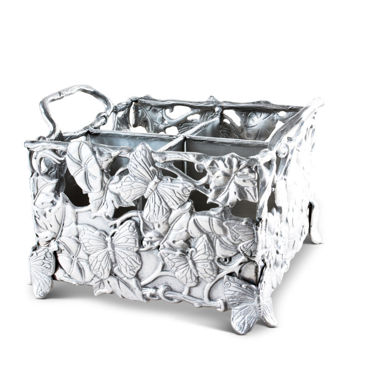 Silver Butterfly and Floral Aluminum Square Flatware Caddy