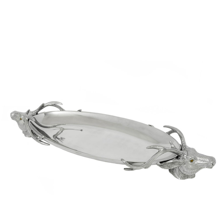 Arthur Court Aluminum Oval Tray with Elk Head Handles