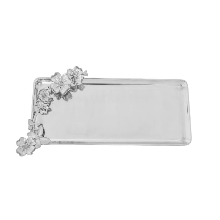 Elegant Silver Aluminum Butterfly and Floral Rectangular Tray