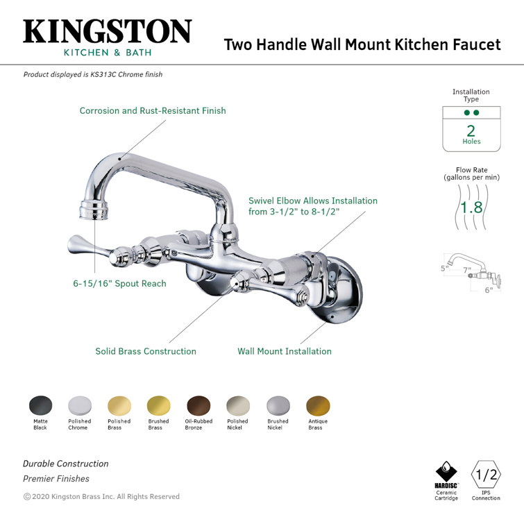 Brushed Brass Double-Handle Wall-Mount Kitchen Faucet