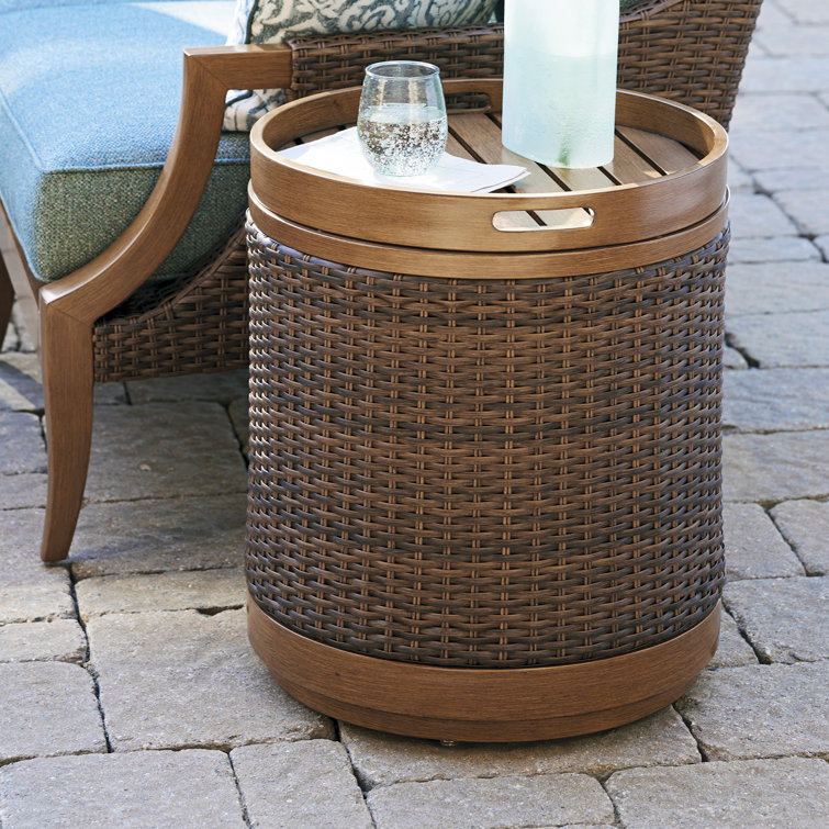 Brown Wicker Round Chairside Table with Removable Tray
