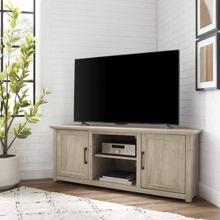 Frosted Oak Corner TV Stand with Cabinets and Brass Hardware