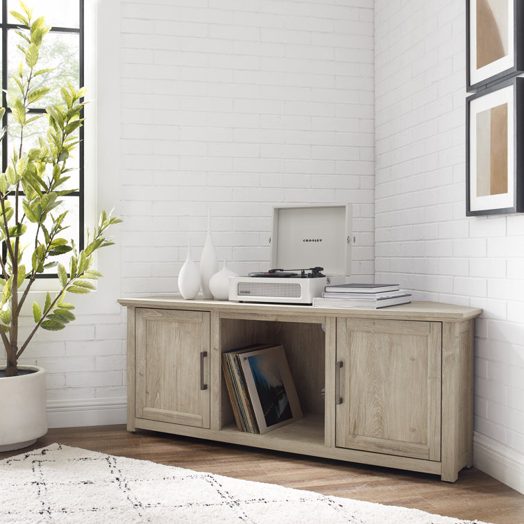 Frosted Oak Corner TV Stand with Cabinets and Brass Hardware