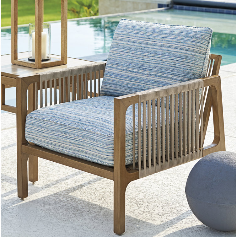 Teak and Blue Cushioned Lounge Dining Chair