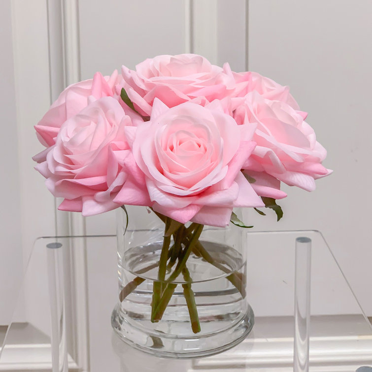 Pink Polysilk Rose Arrangement in Glass Vase