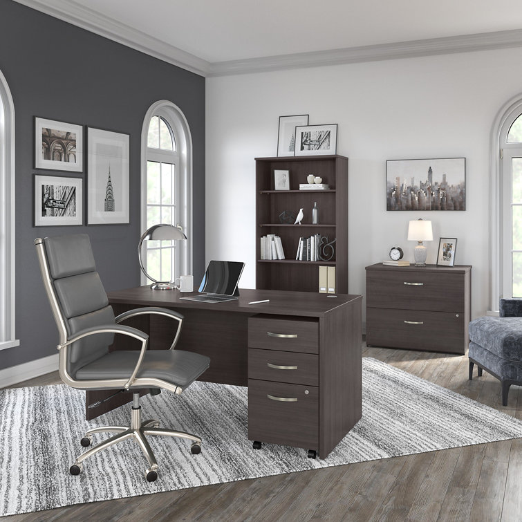 Transitional Storm Gray 5-Shelf Adjustable Bookcase in Engineered Wood