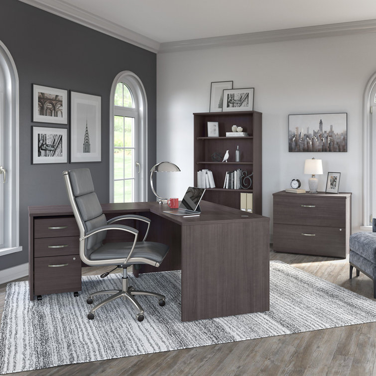 Transitional Storm Gray 5-Shelf Adjustable Bookcase in Engineered Wood