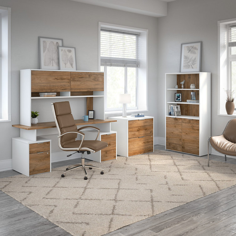 Adjustable Fresh Walnut & White Wood Composite Bookcase with Doors