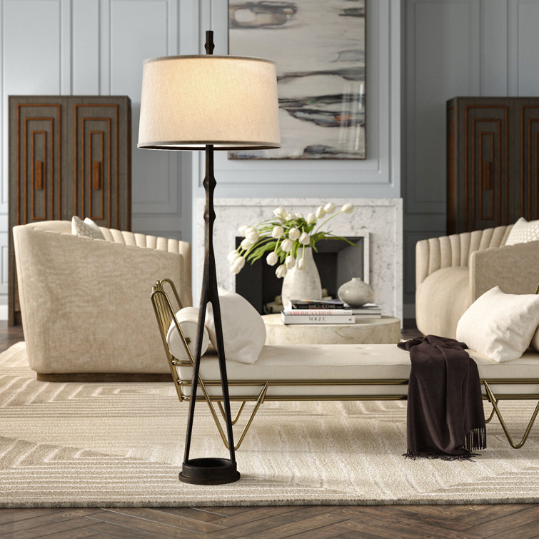 Adjustable Antique Bronze Compass 2-Light Floor Lamp with Burlap Shade
