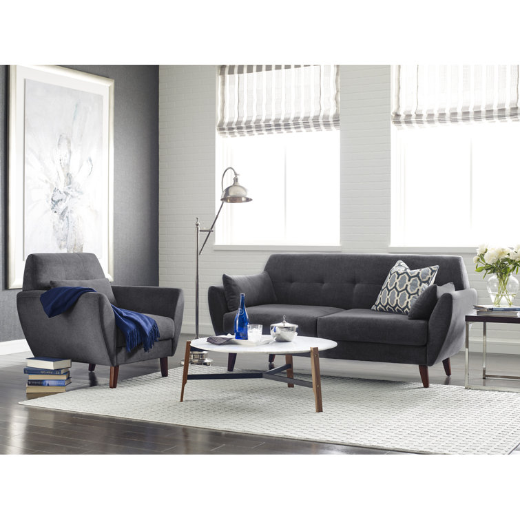 Slate Gray Tufted Microfiber Mid-Century Modern Loveseat with Pillows