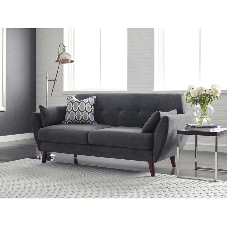 Slate Gray Tufted Microfiber Mid-Century Modern Loveseat with Pillows