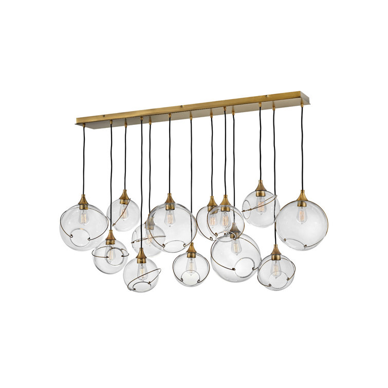 Heritage Brass 13-Light Asymmetrical Linear Pendant with Clear Glass Globes