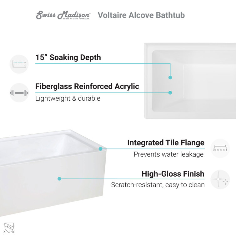 32" White Acrylic Alcove Bathtub with Apron
