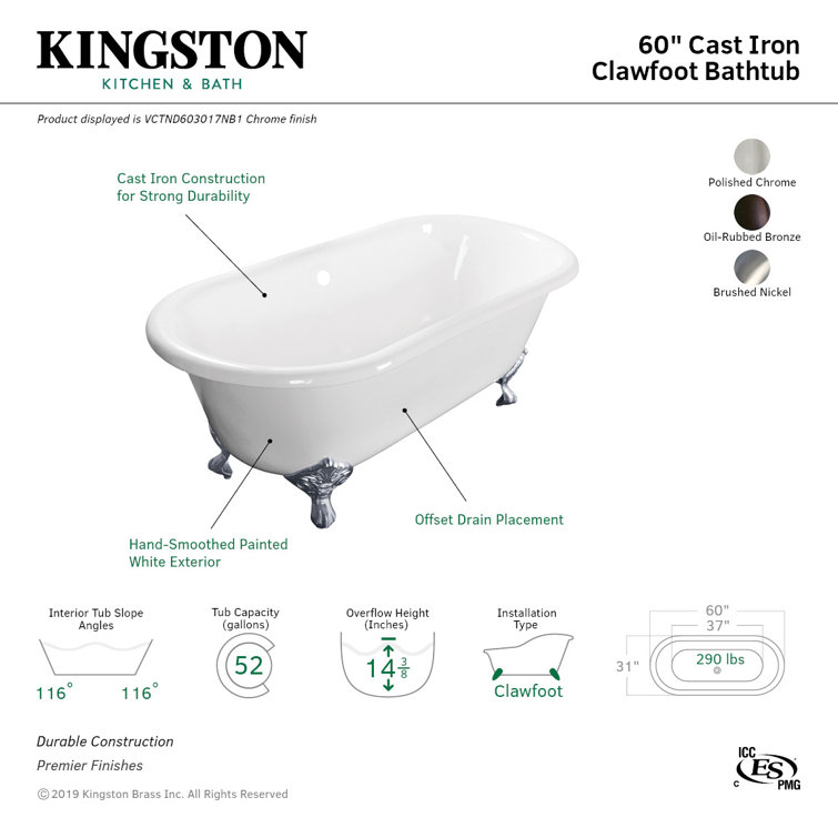 60-Inch White Cast Iron Clawfoot Tub with Oil Rubbed Bronze Feet