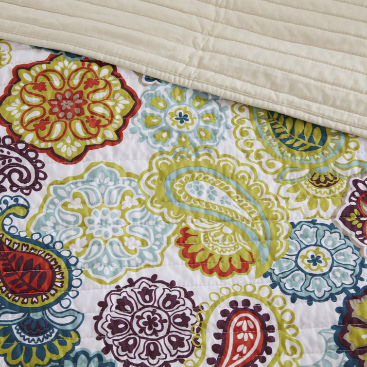 Ivory and Multicolor Reversible Microfiber Full Quilt Set