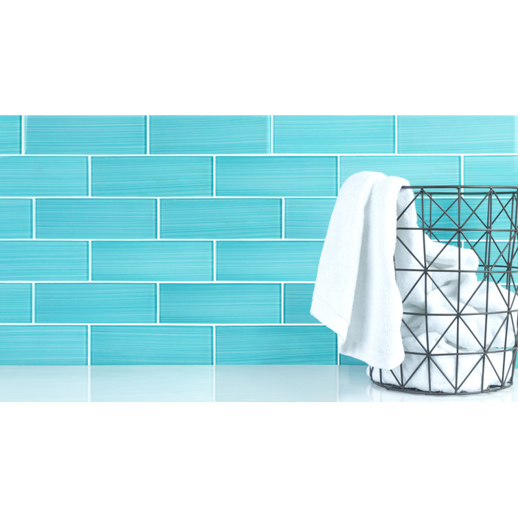 Aqua Blue Hand Painted Polished Glass Subway Wall Tile
