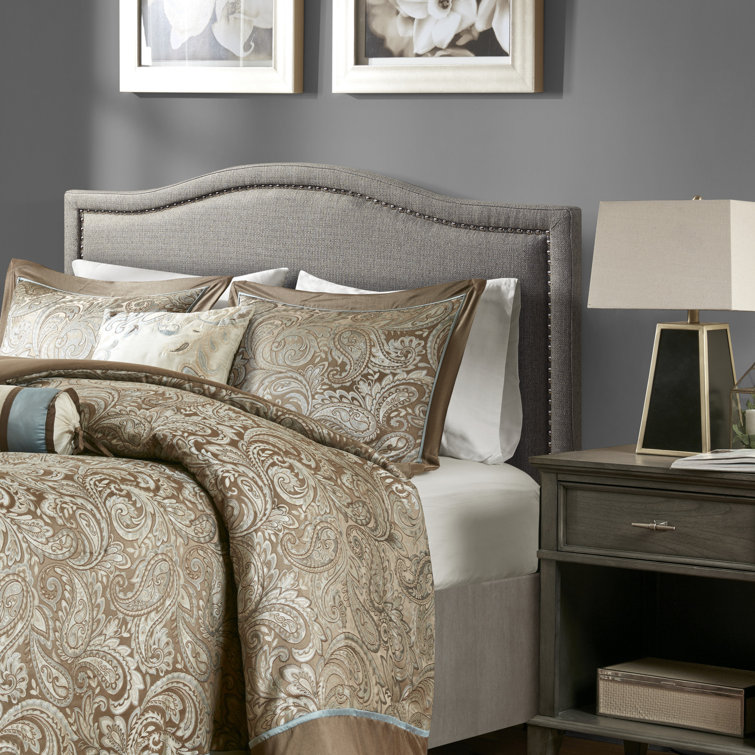 Beige Queen Upholstered Headboard with Nailhead Trim
