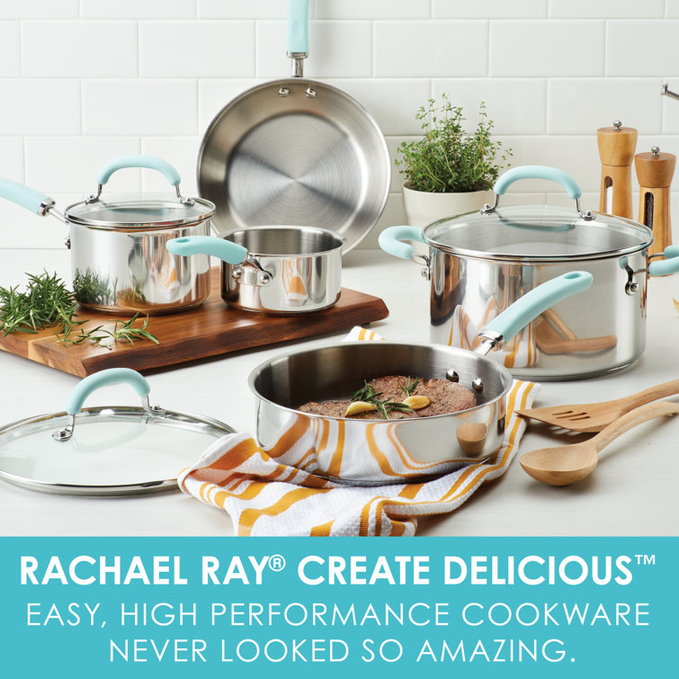 10-Piece Stainless Steel Cookware Set with Light Blue Handles