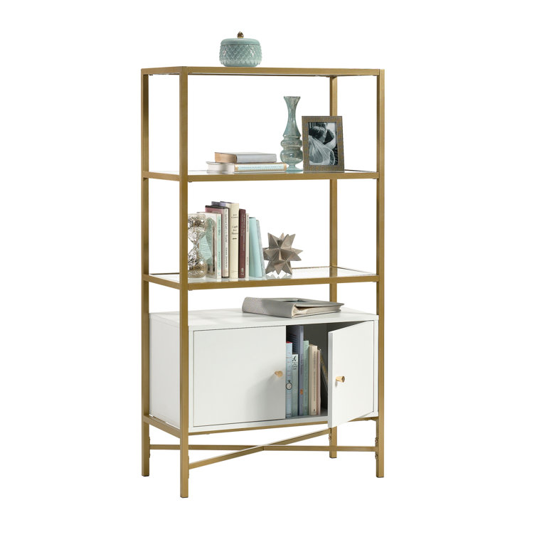 White and Gold Adjustable Bookcase with Doors