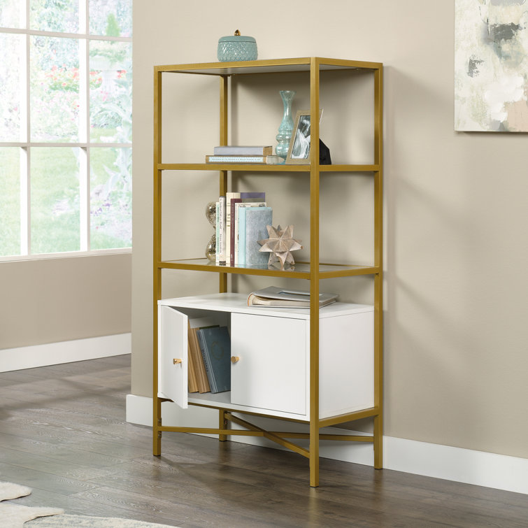 White and Gold Adjustable Bookcase with Doors