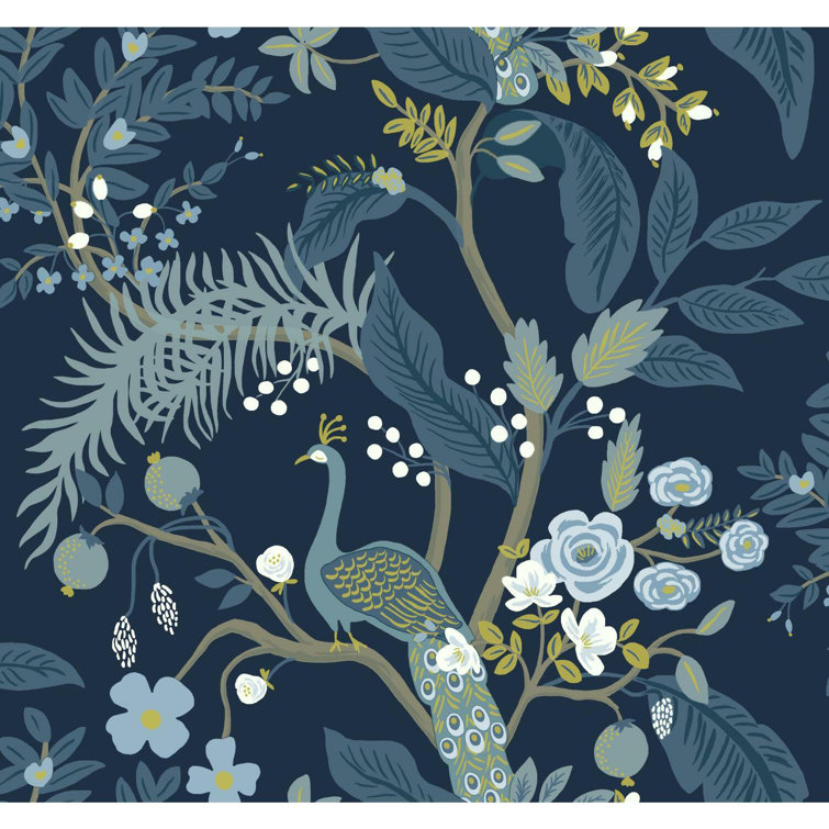 Magnificent Peacock Chinoiserie 27' x 27" Blue Wallpaper Roll