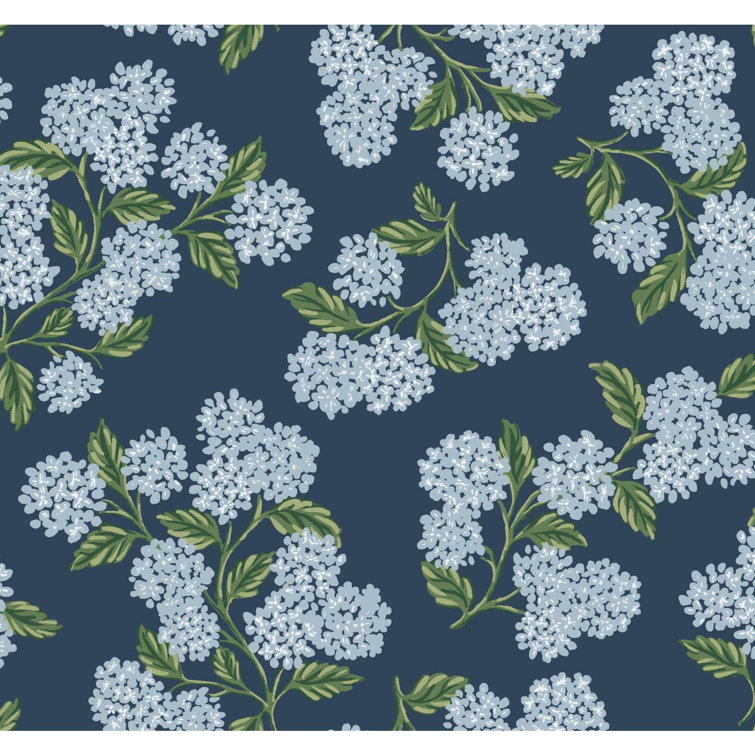 Navy and White Hydrangea Floral Non-pasted Wallpaper