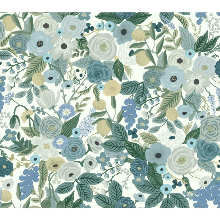 Floral Blues and Greens Non-pasted Washable Wallpaper Roll