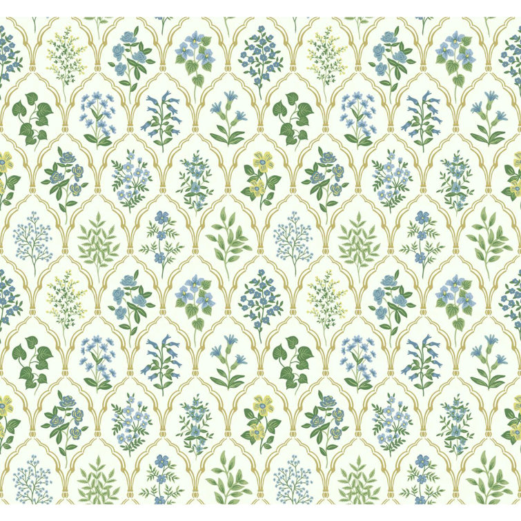Hawthorne Vintage Floral Grid Blue/Green Wallpaper, 27' x 27"