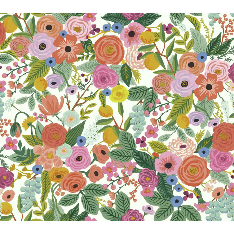 Garden Party Coral Orange Floral & Fruit Wallpaper Roll 27'x27"