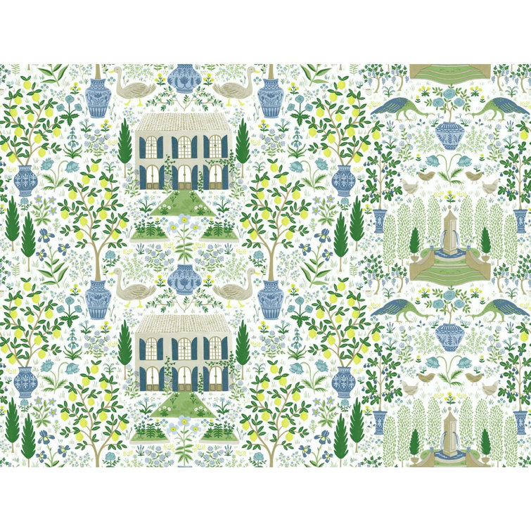Blue and Green French Farmhouse Pattern Wallpaper Roll