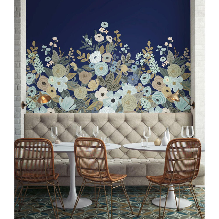Navy and Beige Floral Garden Party Wall Mural