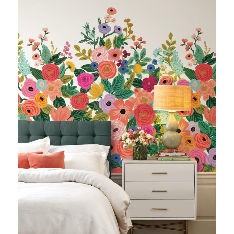 Cream and Bright Pink Floral Garden Party Mural Wallpaper