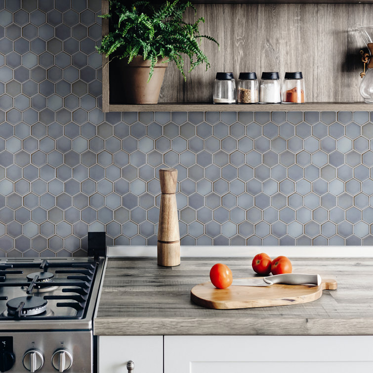 Modern Glossy Hexagon Porcelain Mosaic Tile in Soothing Gray