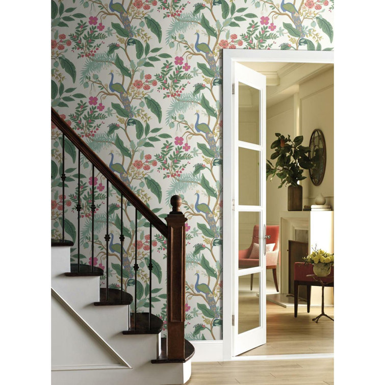Emerald Peacock & Floral 27' x 27" Chinoiserie Wallpaper Roll
