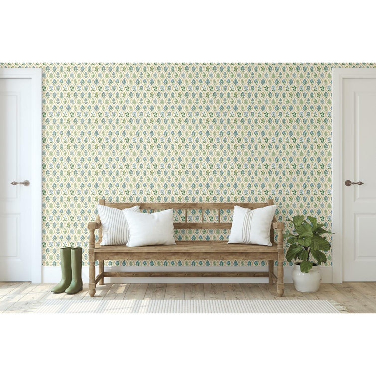 Hawthorne Vintage Floral Grid Blue/Green Wallpaper, 27' x 27"