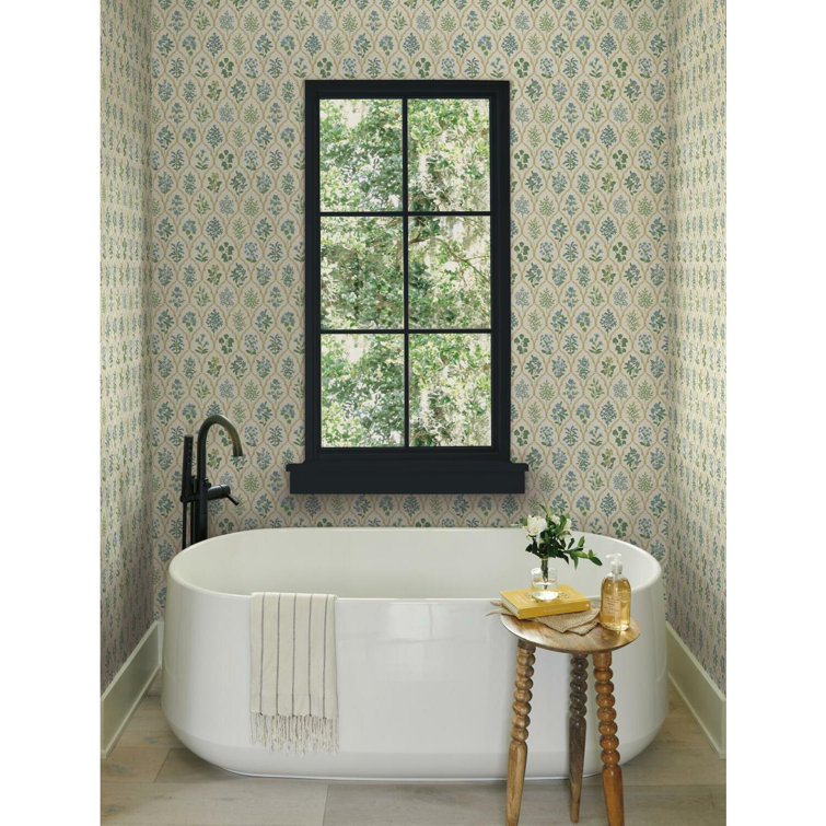 Hawthorne Vintage Floral Grid Blue/Green Wallpaper, 27' x 27"