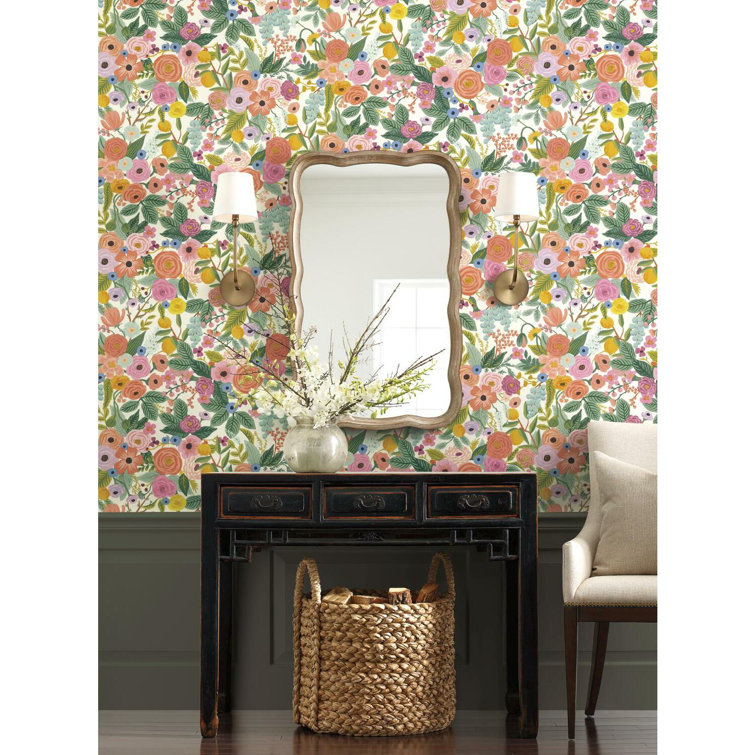 Garden Party Coral Orange Floral & Fruit Wallpaper Roll 27'x27"