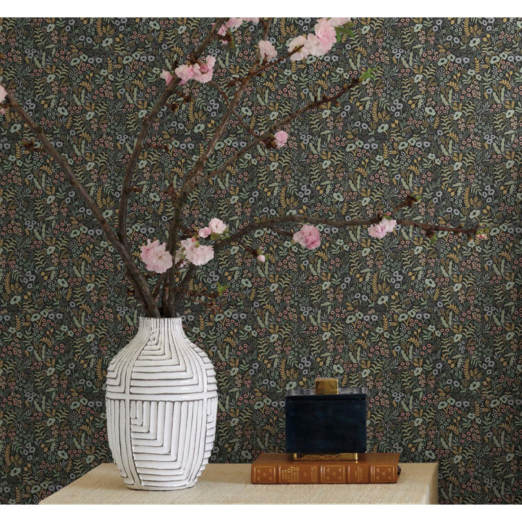 Meadow Blooms 27' x 27" Black Floral Nonwoven Wallpaper