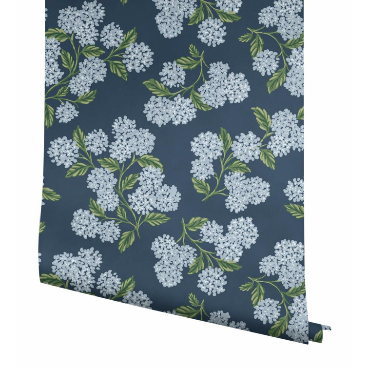 Navy and White Hydrangea Floral Non-pasted Wallpaper