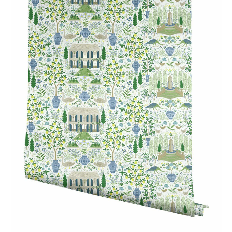 Blue and Green French Farmhouse Pattern Wallpaper Roll