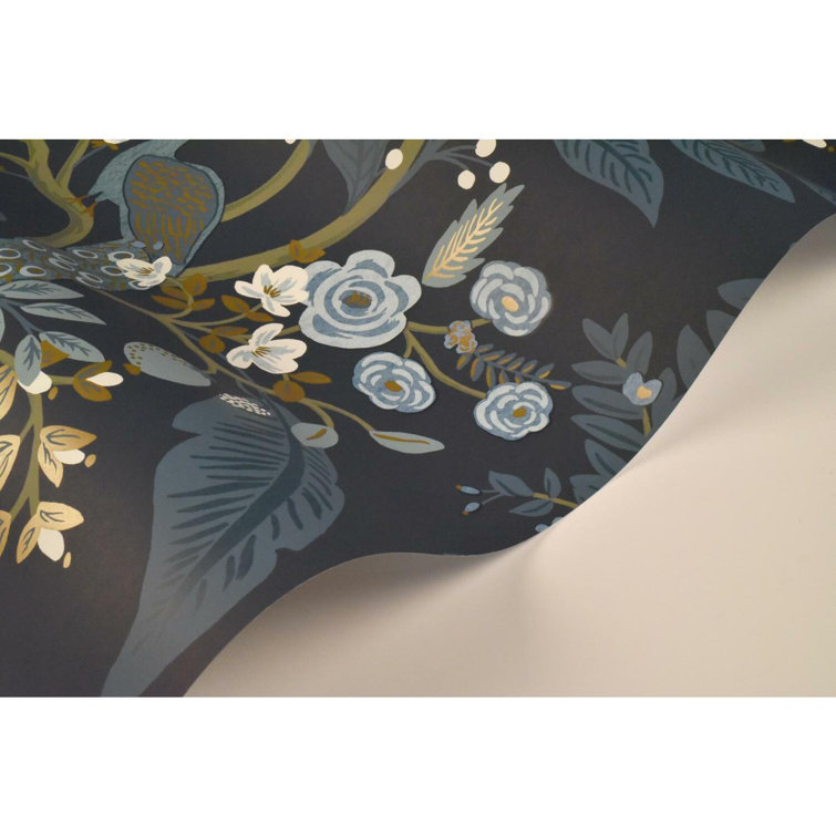 Magnificent Peacock Chinoiserie 27' x 27" Blue Wallpaper Roll
