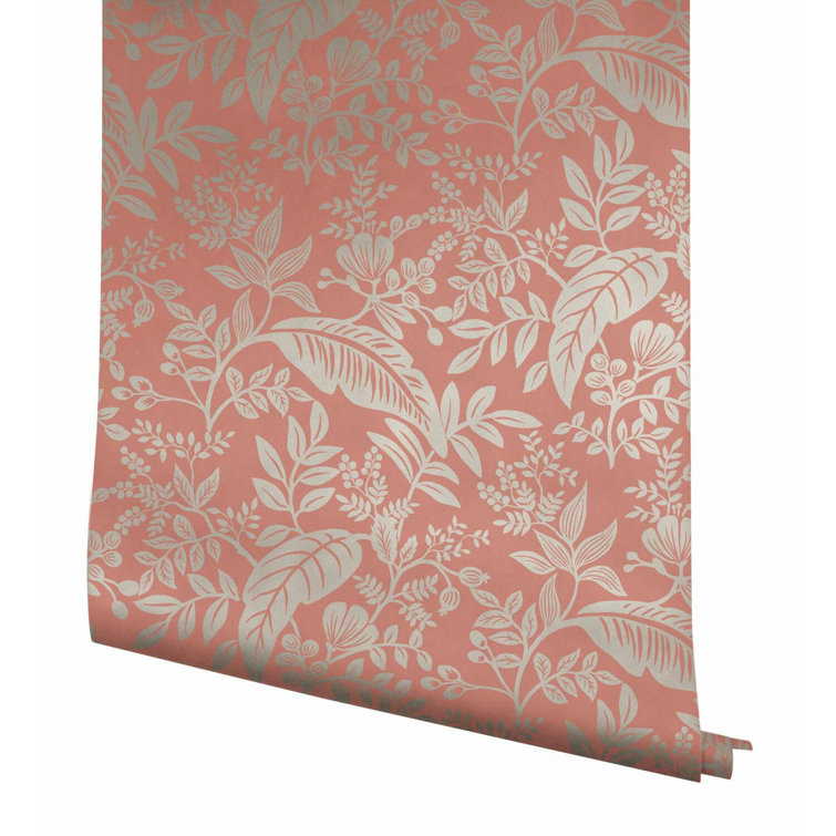 Canopy Lush Tropical Leaves 27' x 27" Black and Rose Wallpaper Roll