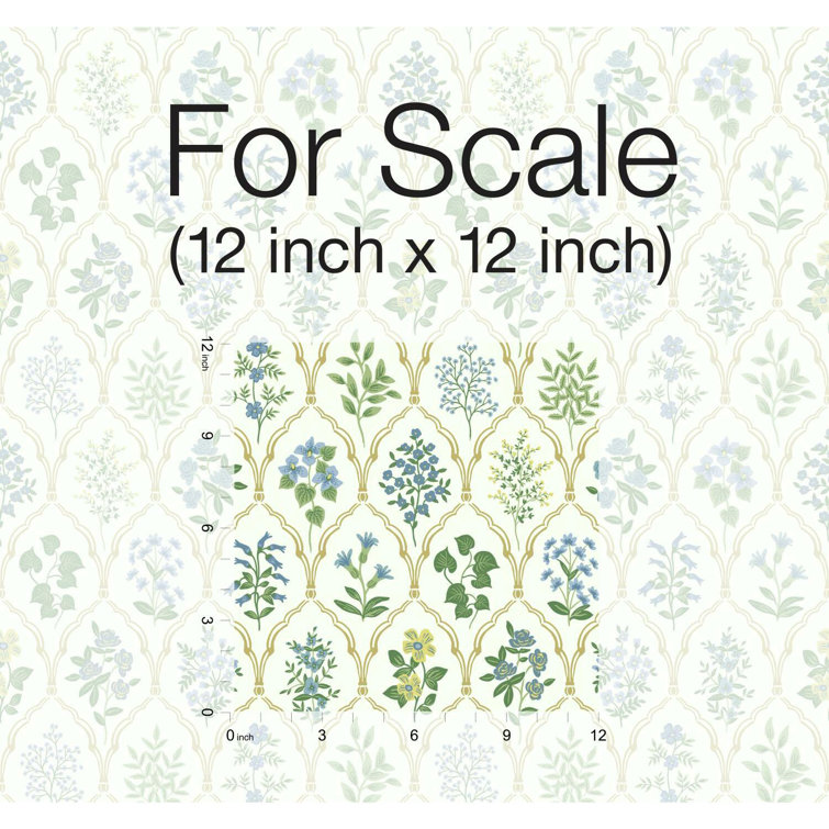 Hawthorne Vintage Floral Grid Blue/Green Wallpaper, 27' x 27"