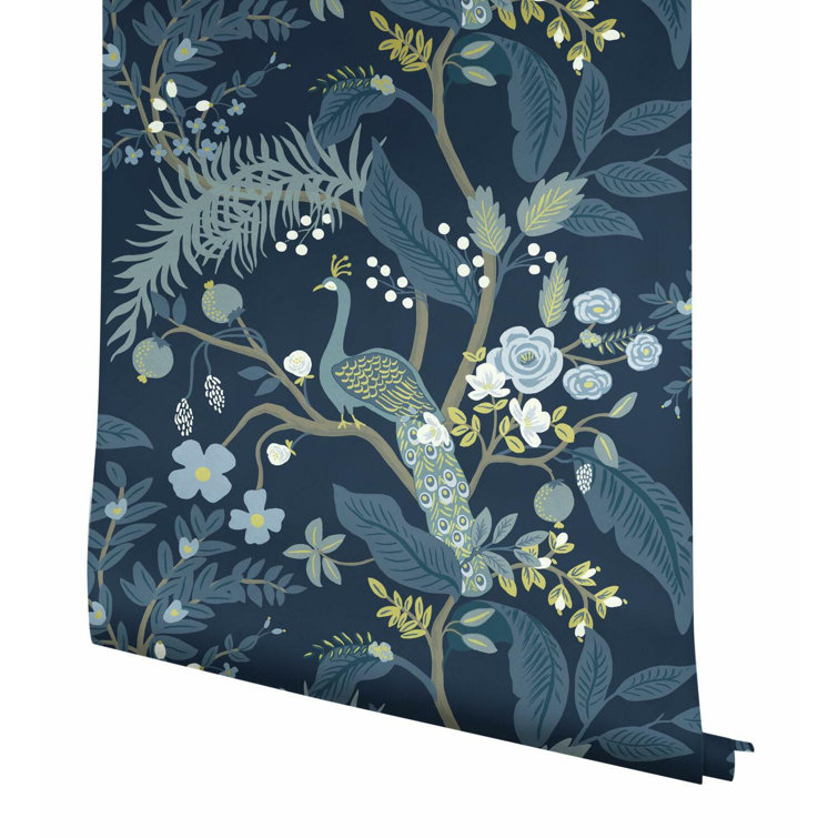 Magnificent Peacock Chinoiserie 27' x 27" Blue Wallpaper Roll